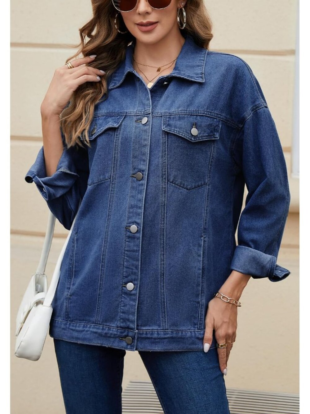 Womens Dark Blue Button Down Oversized Loose Fit Imported Denim Jean Jacket Coat - Picture 4 of 5